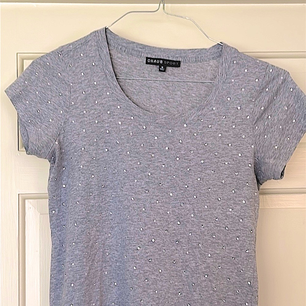 Chaus Gray Rhinestone’s All Over Bling Women's Top Short Sleeve Size Medium